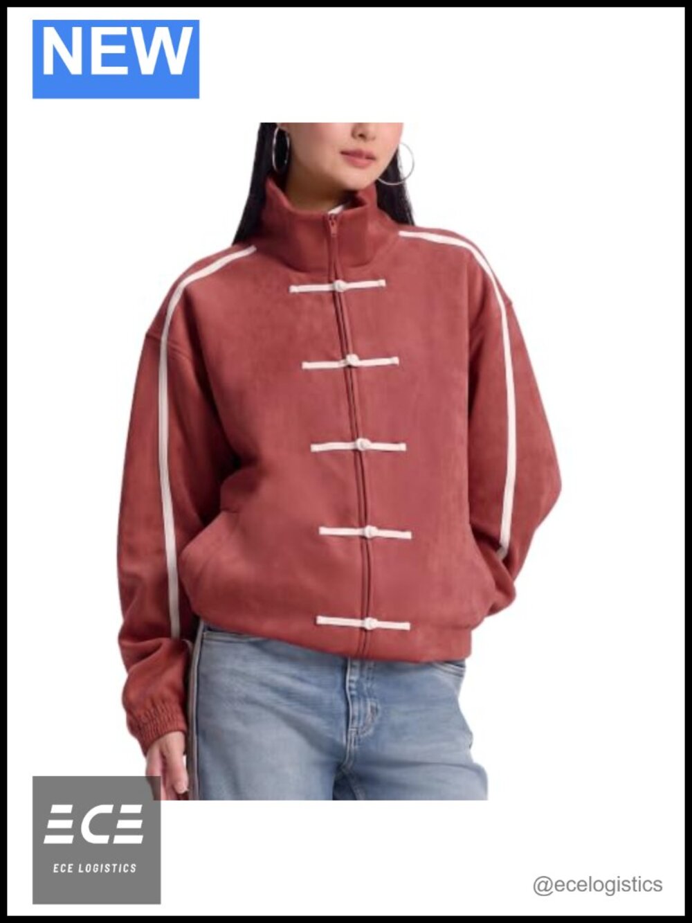 Women Faux Suede Track Jacket Loose Fit Streetwear Chinese Style Casual